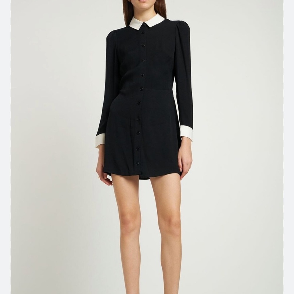 Reformation Women's Scheana Mini Black Collared Button Up Chiffon Shirt Dress 10